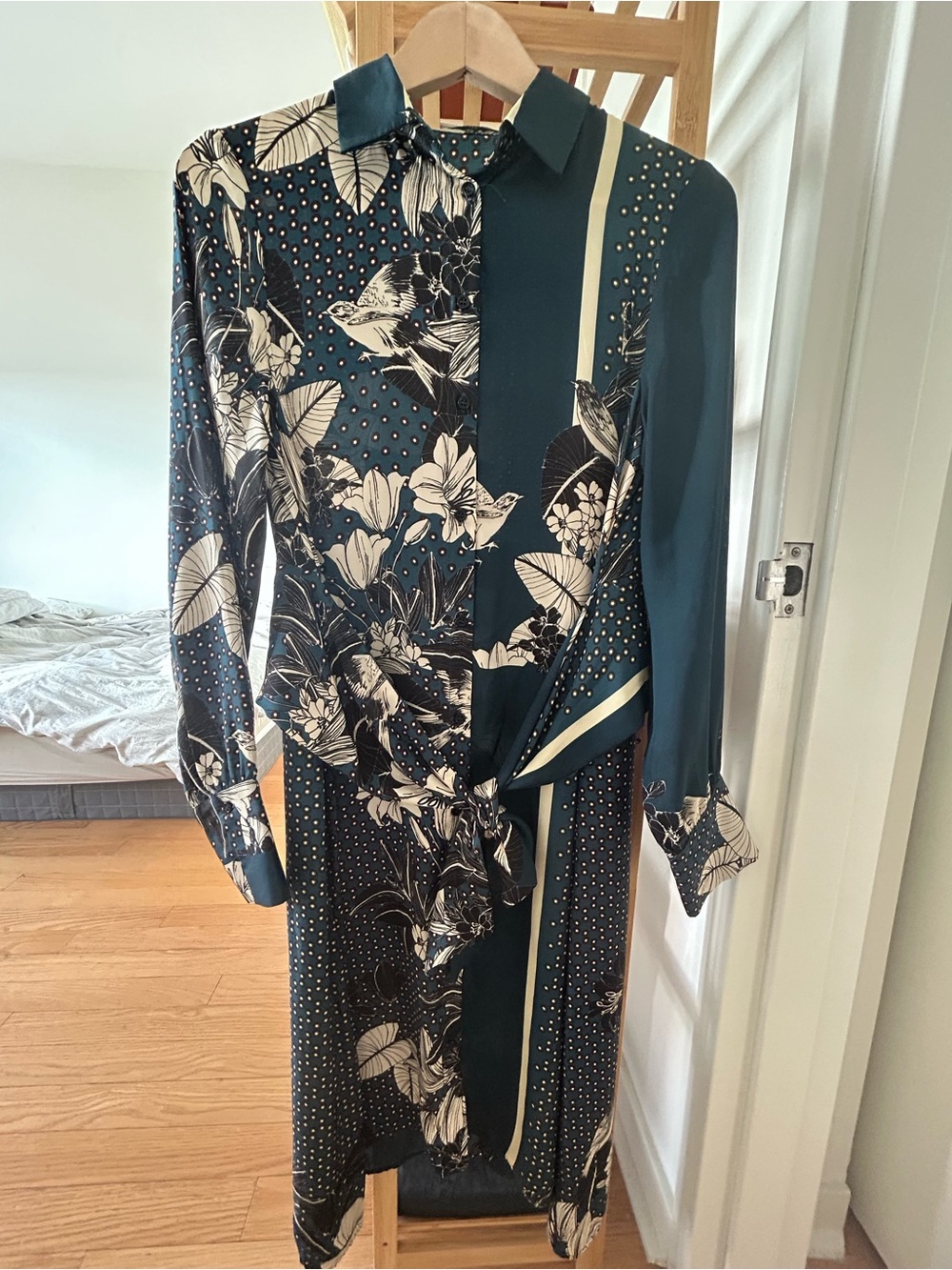 Zara Teal and White Asian Floral-Print Midi Dress